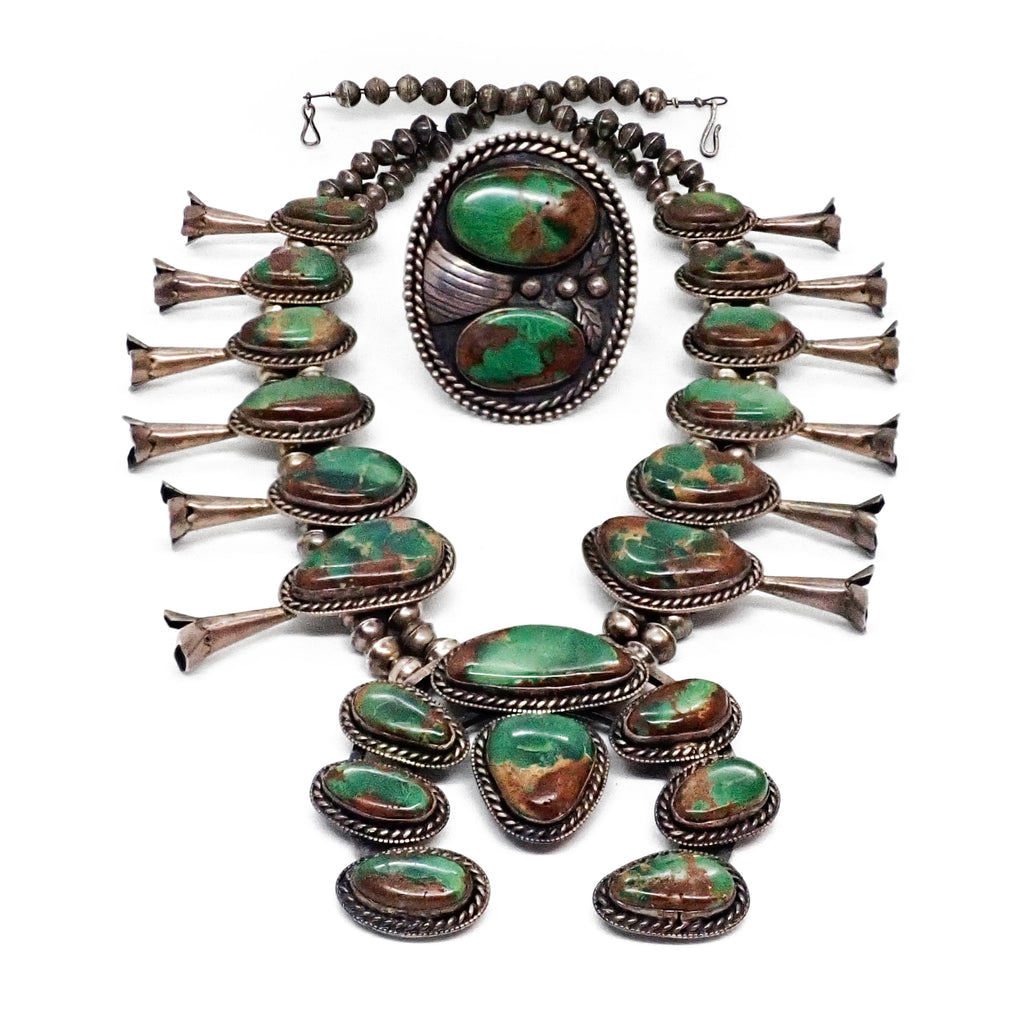 HARRISON 1970's Nevada Turquoise Squash Blossom Sterling Silver Necklace & Bracelet Set
