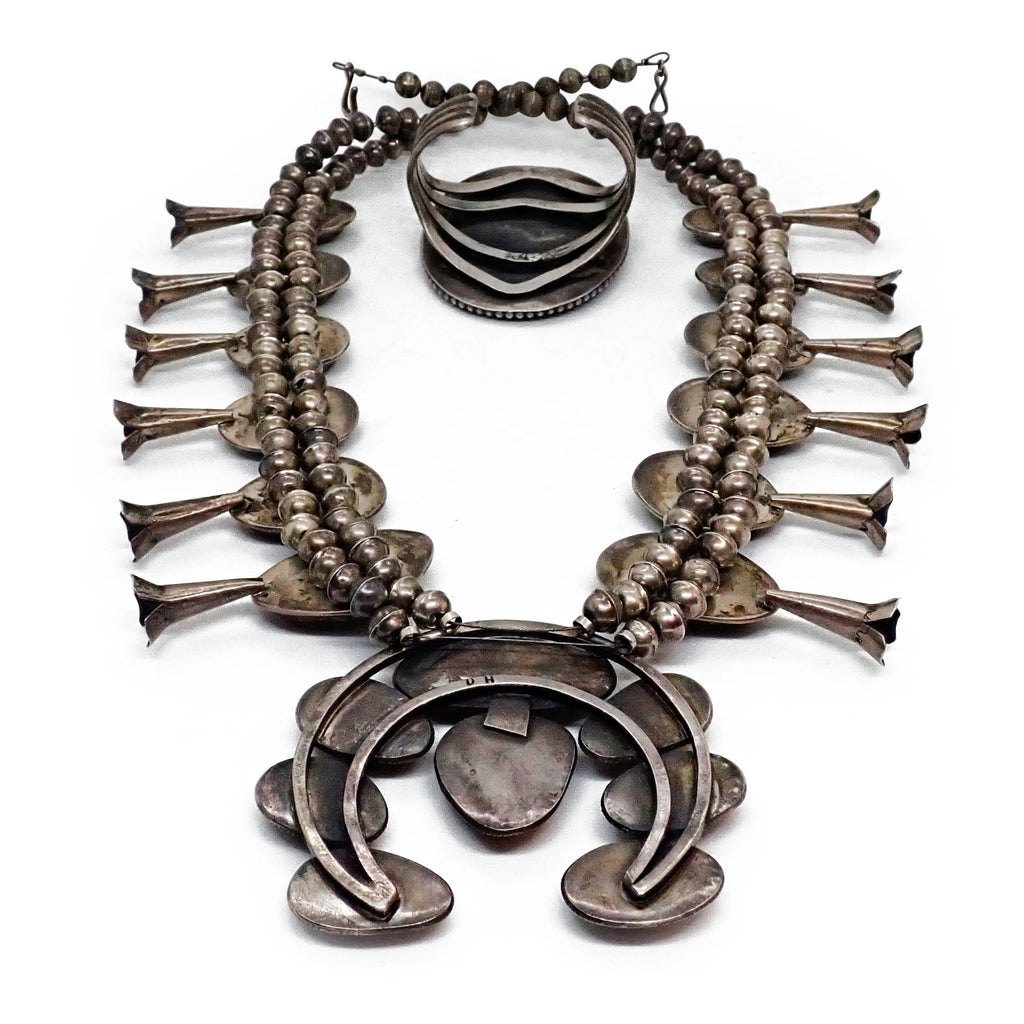 HARRISON 1970's Nevada Turquoise Squash Blossom Sterling Silver Necklace & Bracelet Set