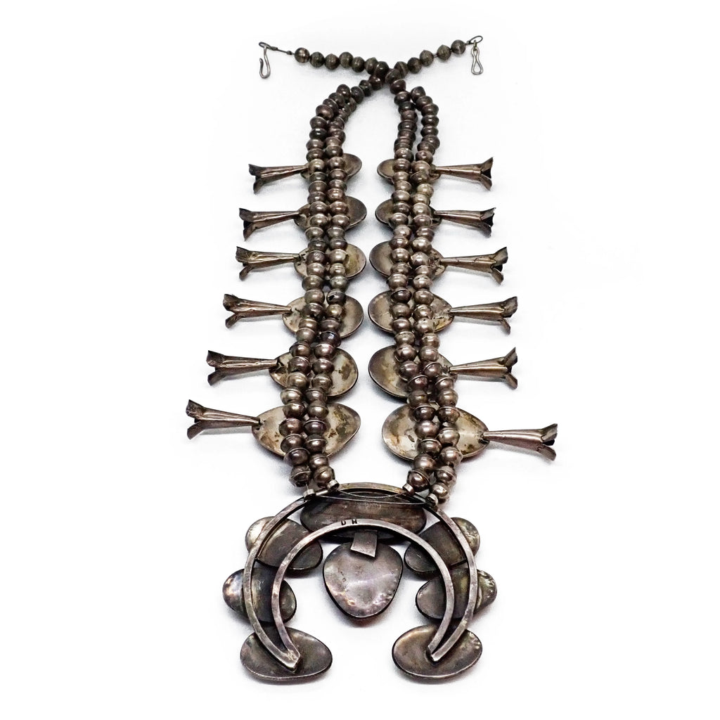 HARRISON 1970's Nevada Turquoise Squash Blossom Sterling Silver Necklace & Bracelet Set