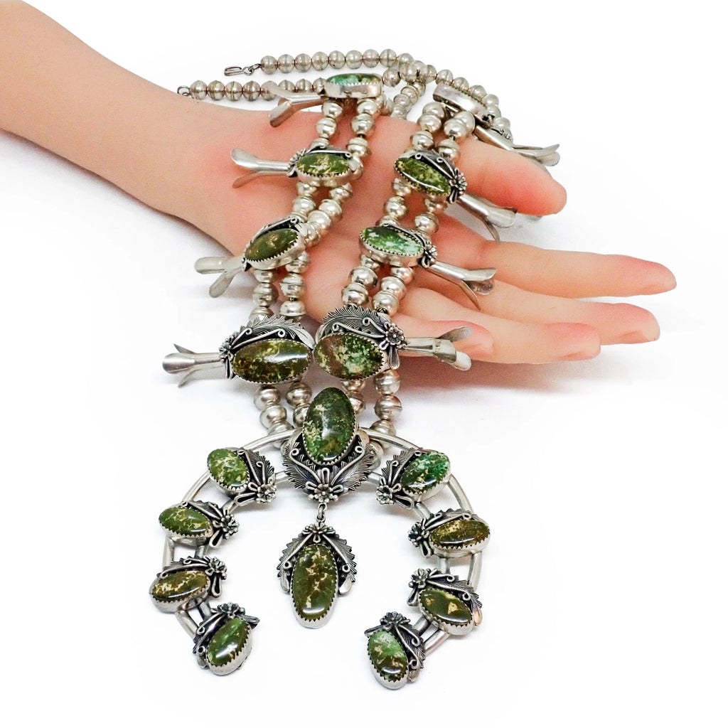 JOHNSON Navajo Green Pilot Mountain Turquoise Squash Blossom Sterling Silver Necklace