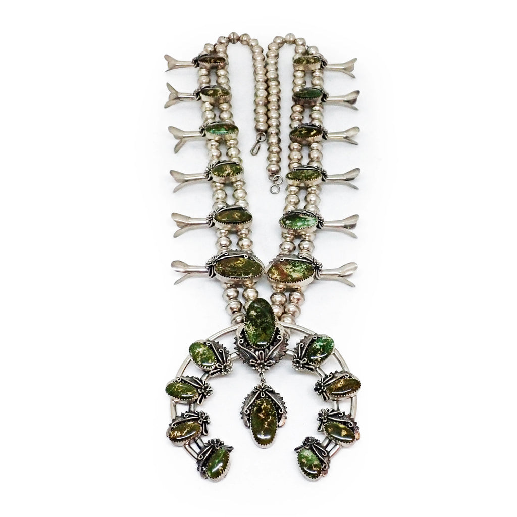 JOHNSON Navajo Green Pilot Mountain Turquoise Squash Blossom Sterling Silver Necklace