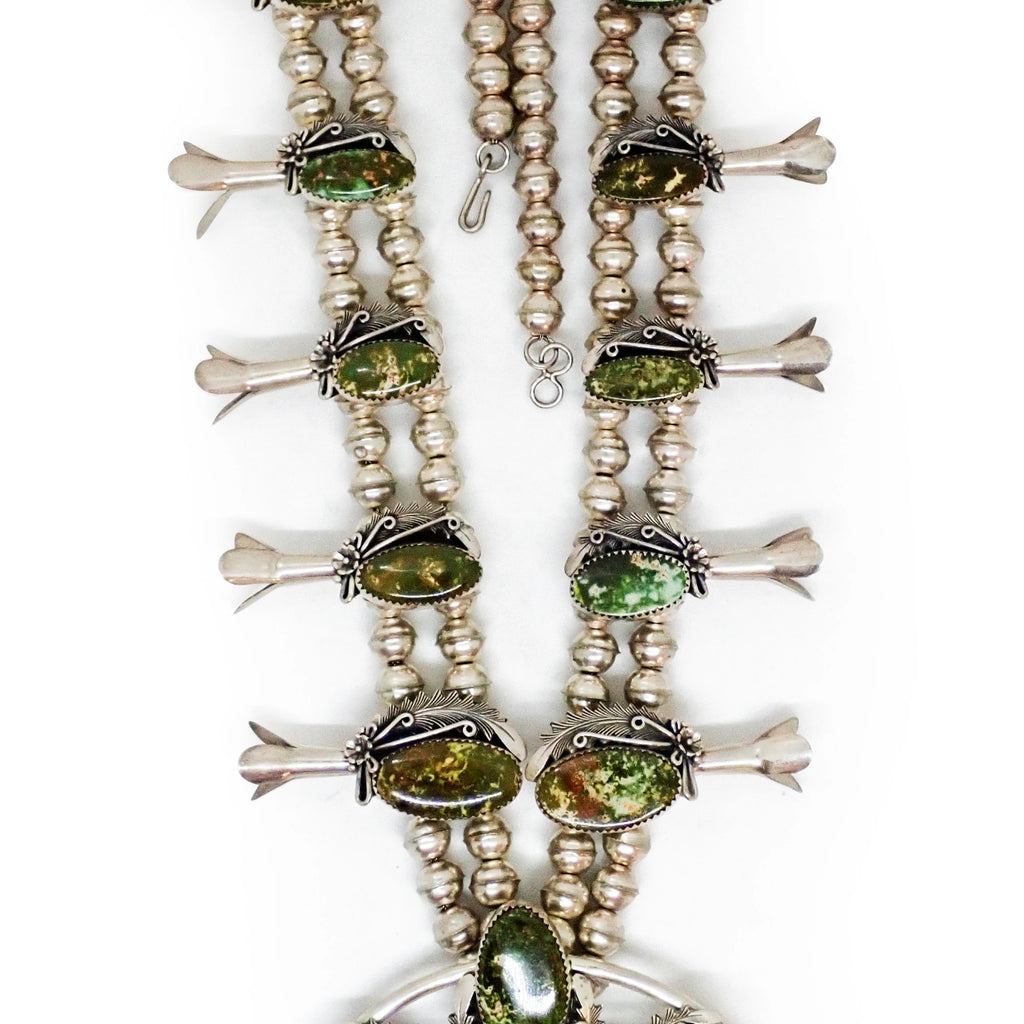 JOHNSON Navajo Green Pilot Mountain Turquoise Squash Blossom Sterling Silver Necklace