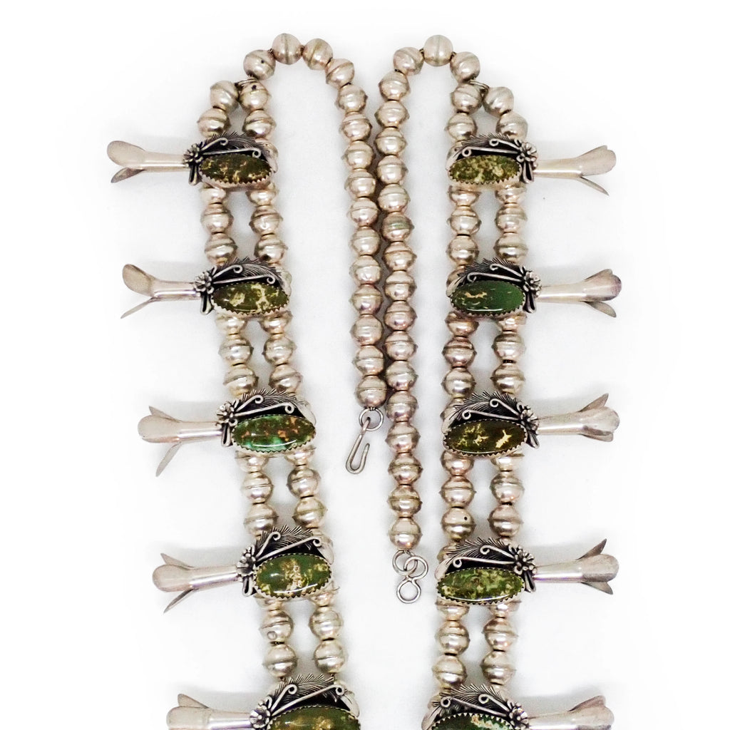 JOHNSON Navajo Green Pilot Mountain Turquoise Squash Blossom Sterling Silver Necklace