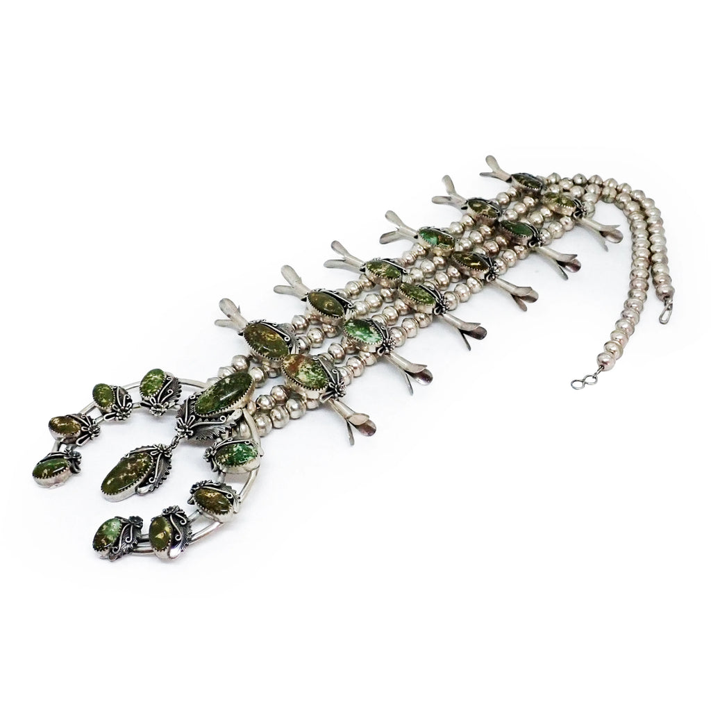 JOHNSON Navajo Green Pilot Mountain Turquoise Squash Blossom Sterling Silver Necklace