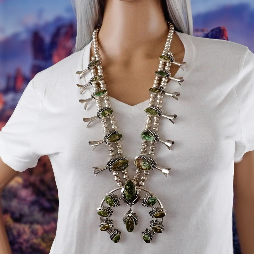 JOHNSON Navajo Green Pilot Mountain Turquoise Squash Blossom Sterling Silver Necklace