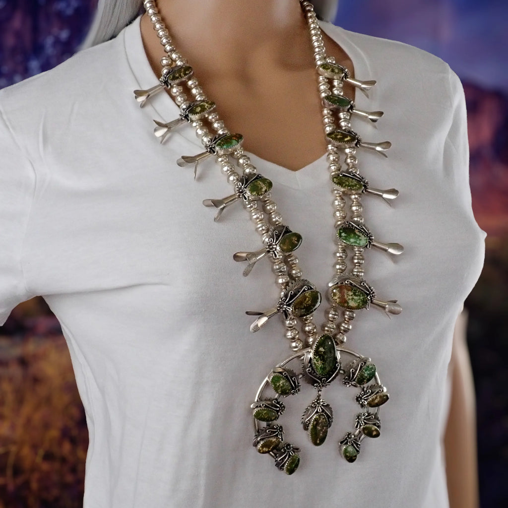 JOHNSON Navajo Green Pilot Mountain Turquoise Squash Blossom Sterling Silver Necklace