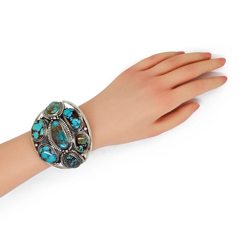 GLODOVE Handcrafted Bohemian Webbed Turquoise Cluster Sterling Silver Cuff Bracelet