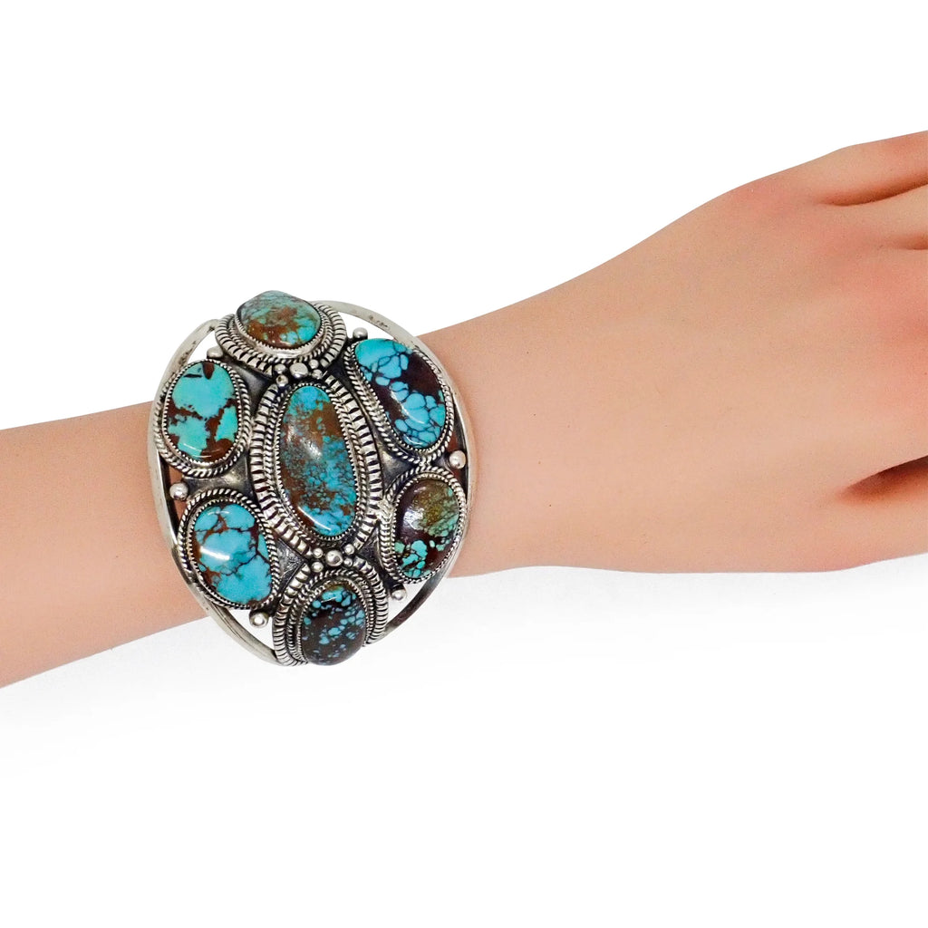 GLODOVE Handcrafted Bohemian Webbed Turquoise Cluster Sterling Silver Cuff Bracelet