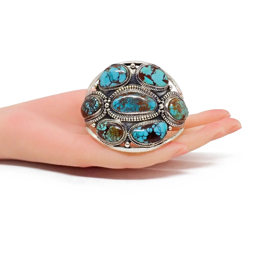 GLODOVE Handcrafted Bohemian Webbed Turquoise Cluster Sterling Silver Cuff Bracelet