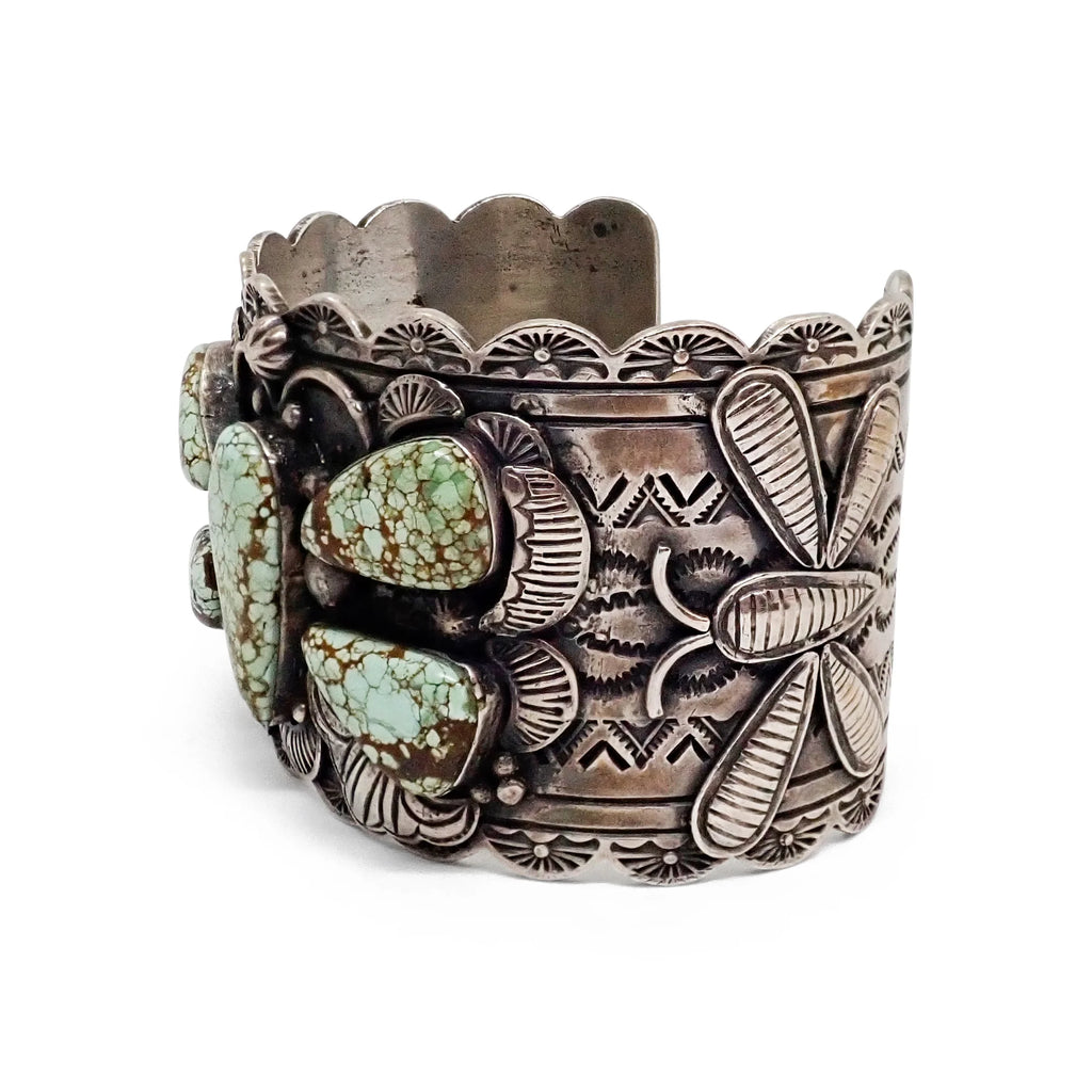 NANCY CUSTER Navajo Turquoise Cluster Butterfly Stamped Sterling Silver Cuff Bracelet