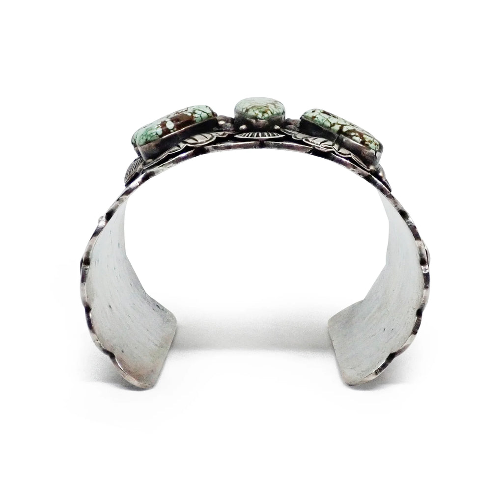 NANCY CUSTER Navajo Turquoise Cluster Butterfly Stamped Sterling Silver Cuff Bracelet