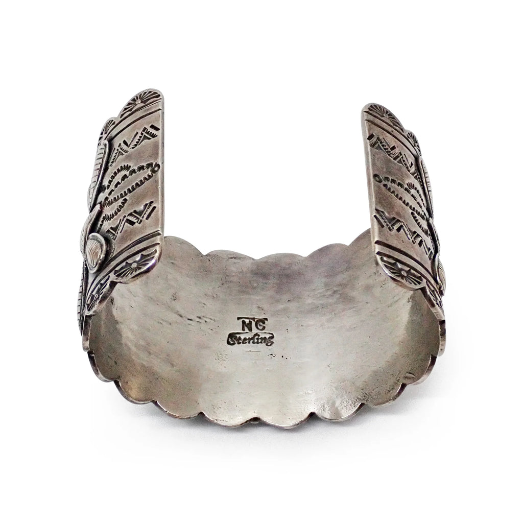 NANCY CUSTER Navajo Turquoise Cluster Butterfly Stamped Sterling Silver Cuff Bracelet