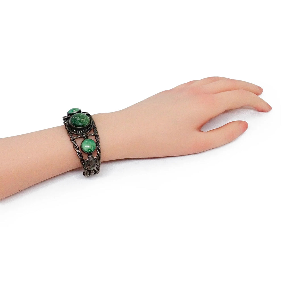 Vintage Boho-Chic Green Turquoise & Eagle Applique Twisted Wire Sterling Silver Cuff Bracelet