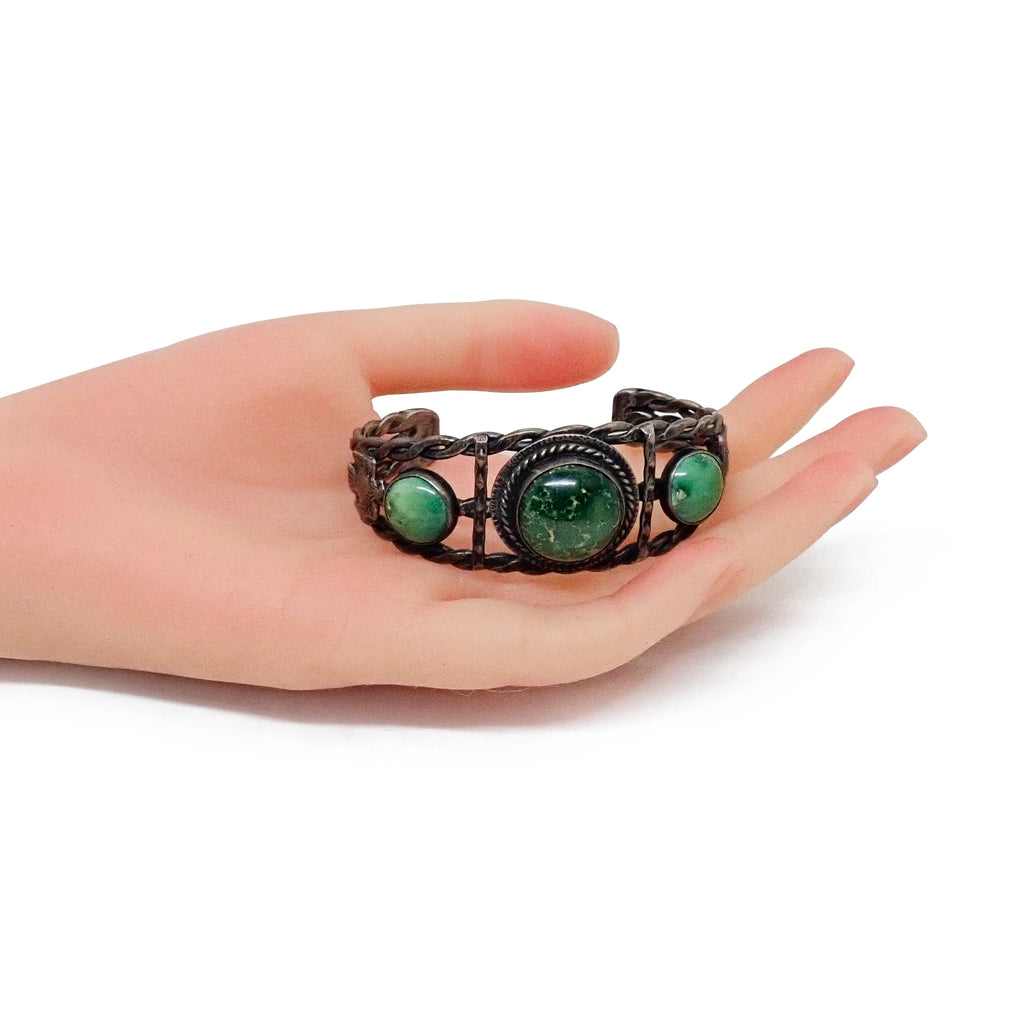 Vintage Boho-Chic Green Turquoise & Eagle Applique Twisted Wire Sterling Silver Cuff Bracelet