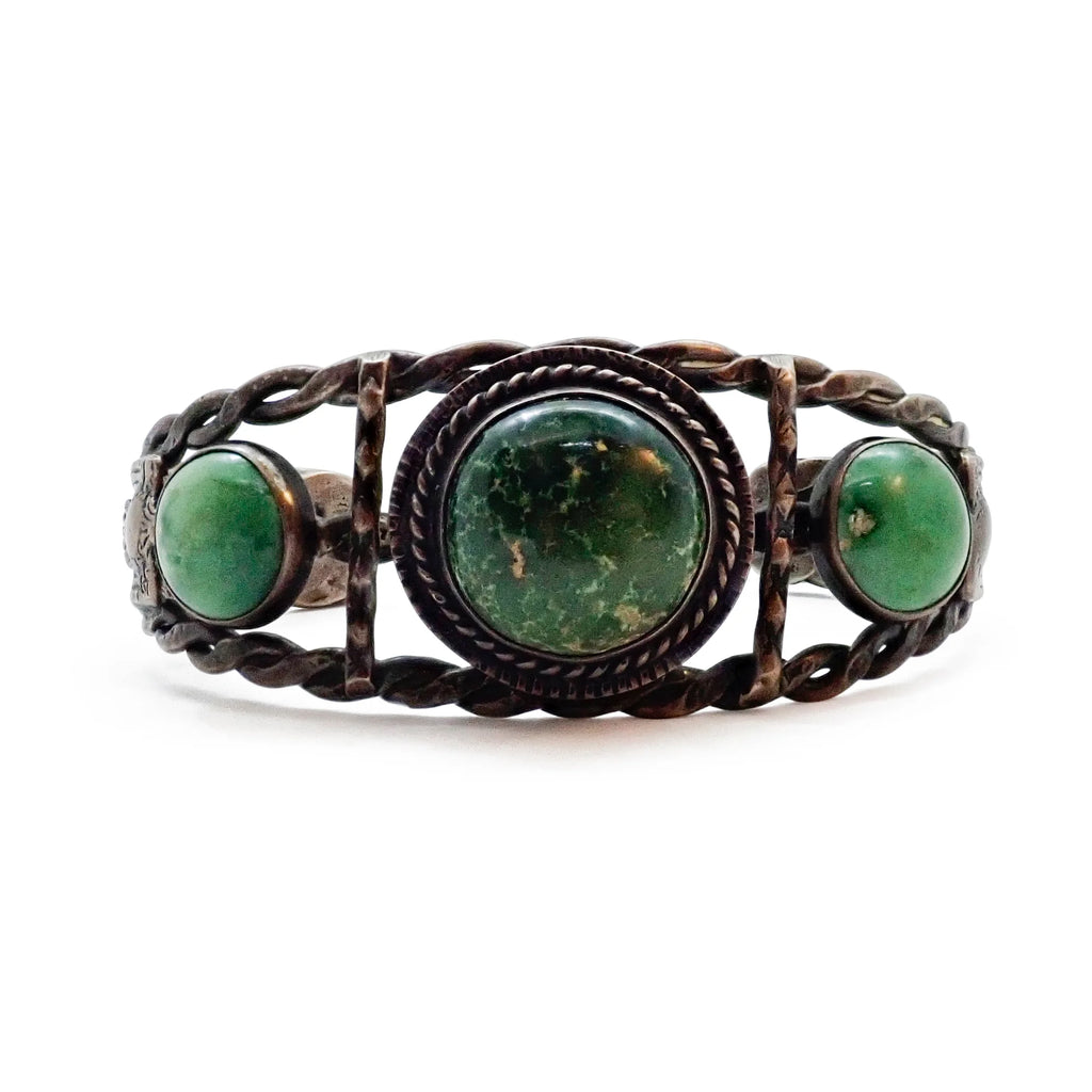 Vintage Boho-Chic Green Turquoise & Eagle Applique Twisted Wire Sterling Silver Cuff Bracelet