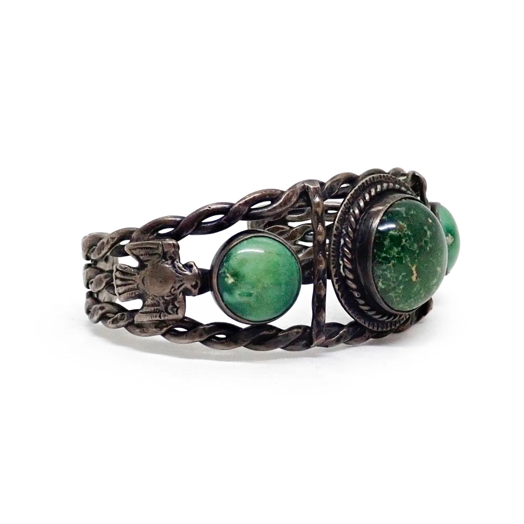 Vintage Boho-Chic Green Turquoise & Eagle Applique Twisted Wire Sterling Silver Cuff Bracelet