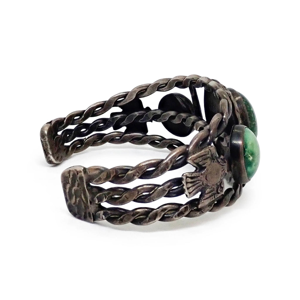 Vintage Boho-Chic Green Turquoise & Eagle Applique Twisted Wire Sterling Silver Cuff Bracelet
