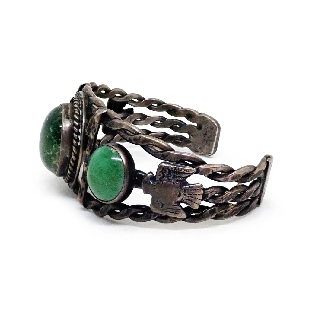 Vintage Boho-Chic Green Turquoise & Eagle Applique Twisted Wire Sterling Silver Cuff Bracelet