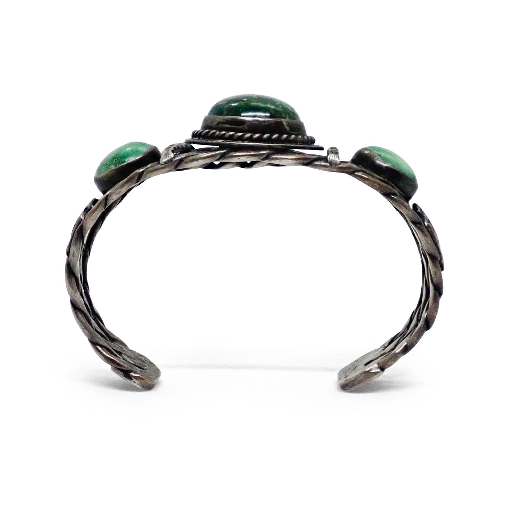 Vintage Boho-Chic Green Turquoise & Eagle Applique Twisted Wire Sterling Silver Cuff Bracelet