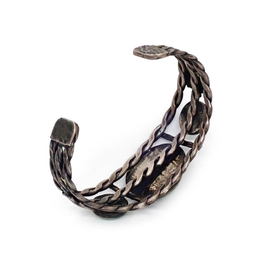 Vintage Boho-Chic Green Turquoise & Eagle Applique Twisted Wire Sterling Silver Cuff Bracelet