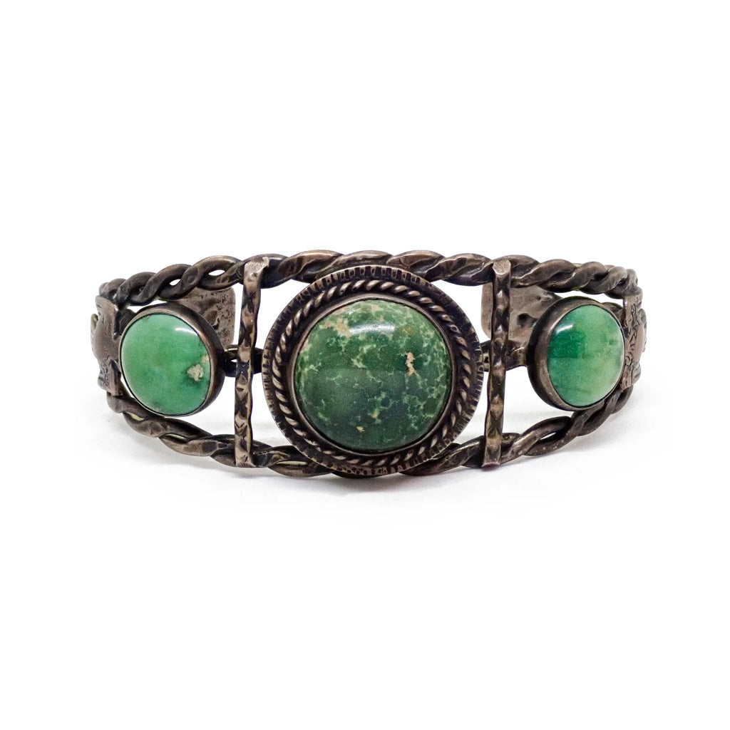 Vintage Boho-Chic Green Turquoise & Eagle Applique Twisted Wire Sterling Silver Cuff Bracelet