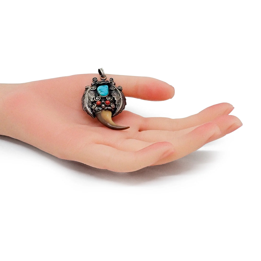 Native American Navajo Turquoise Corals & Bear Claw Sterling Silver Pendant
