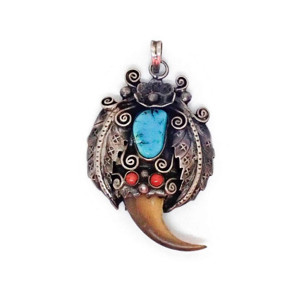 Native American Navajo Turquoise Corals & Bear Claw Sterling Silver Pendant