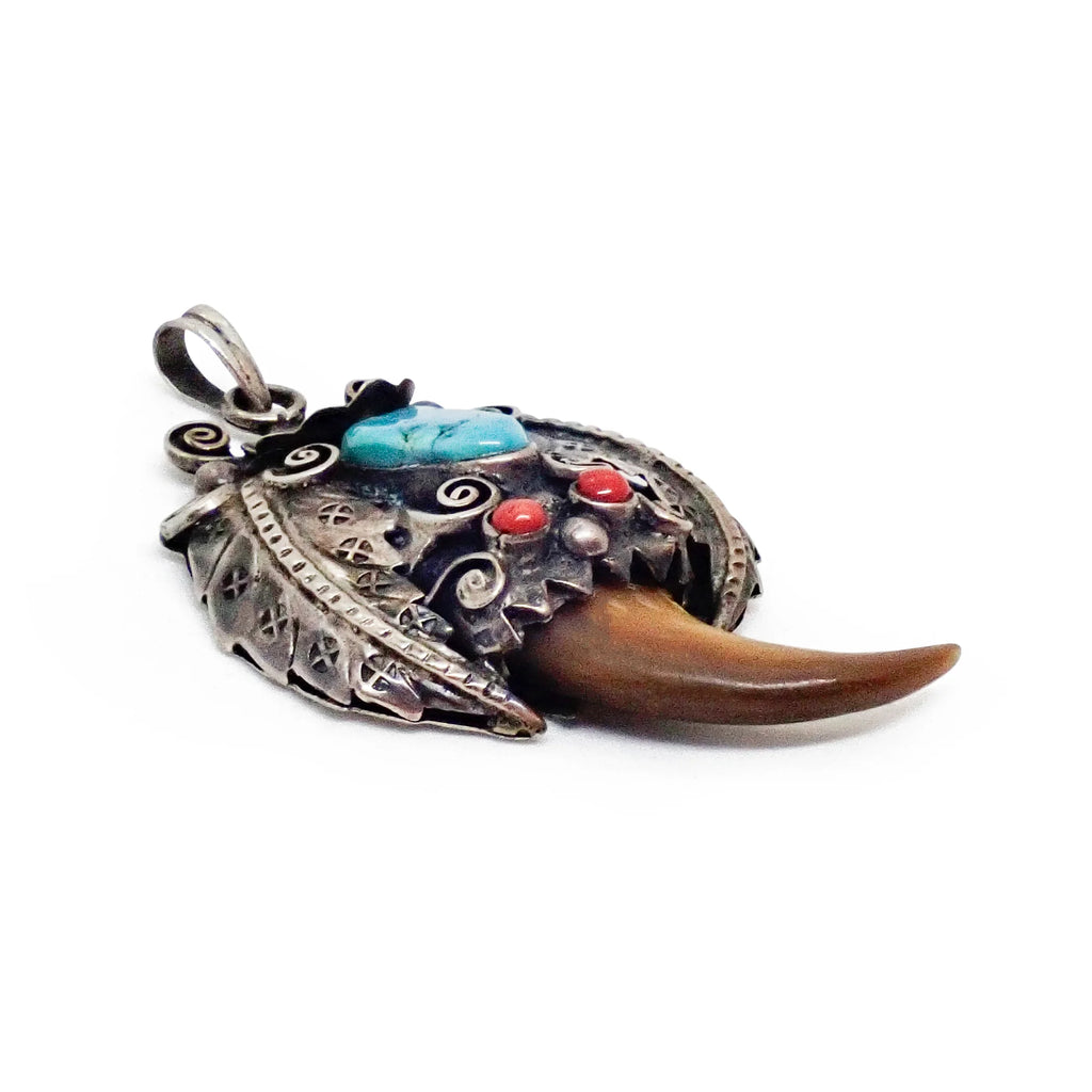 Native American Navajo Turquoise Corals & Bear Claw Sterling Silver Pendant