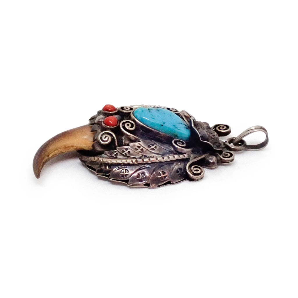 Native American Navajo Turquoise Corals & Bear Claw Sterling Silver Pendant
