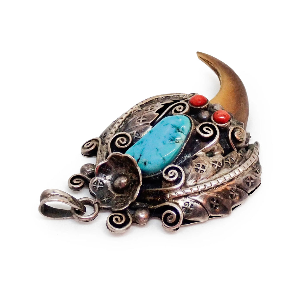 Native American Navajo Turquoise Corals & Bear Claw Sterling Silver Pendant