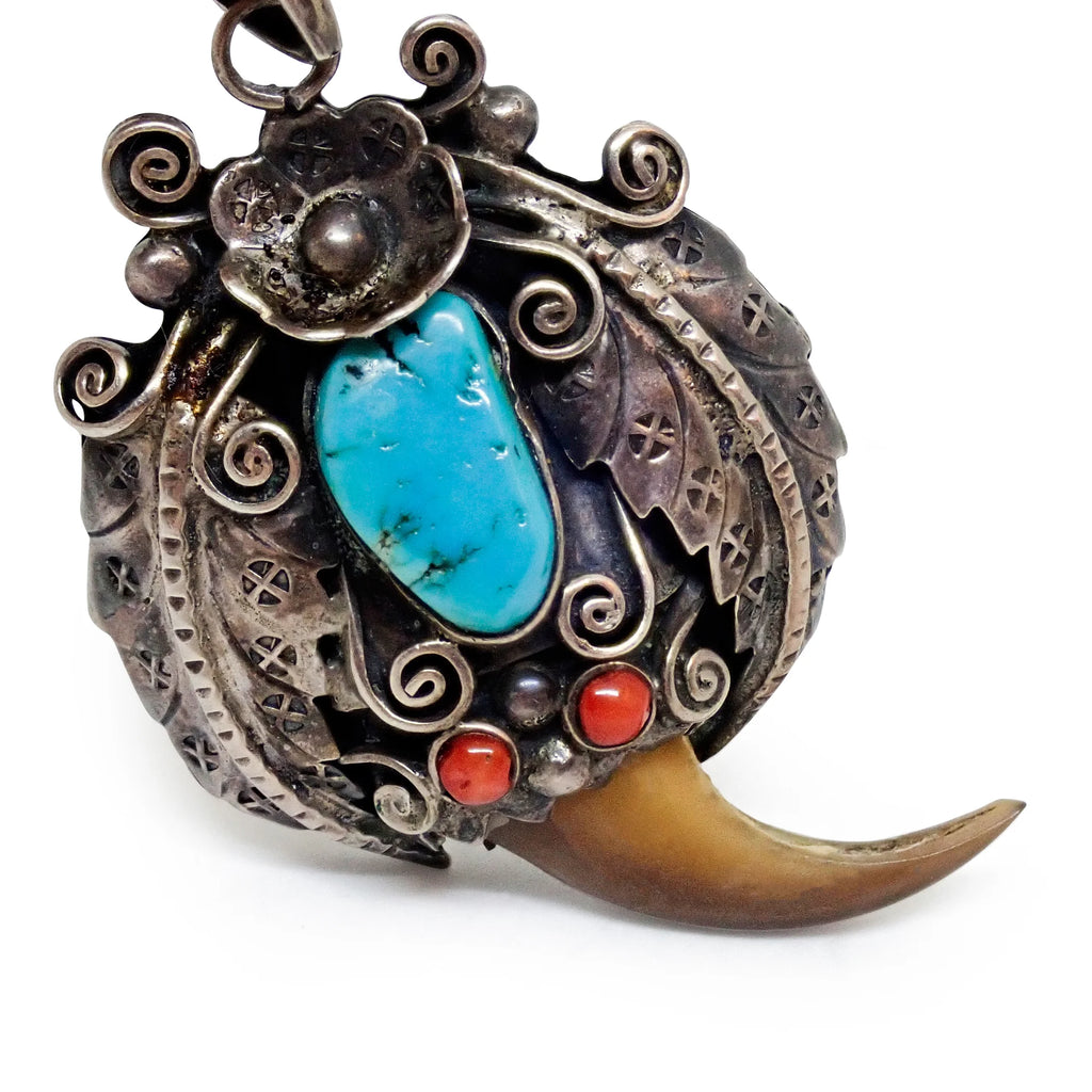 Native American Navajo Turquoise Corals & Bear Claw Sterling Silver Pendant