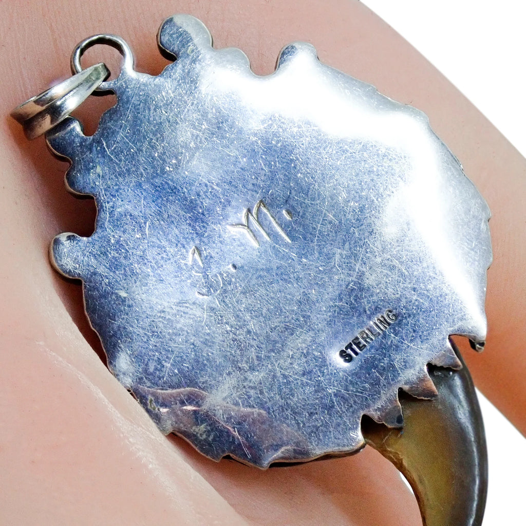 Native American Navajo Turquoise Corals & Bear Claw Sterling Silver Pendant