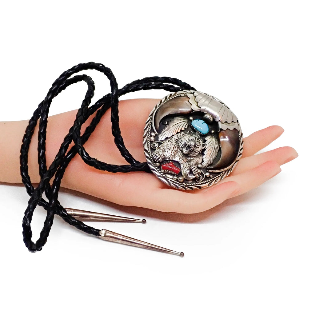 Native American Navajo Bear Claw Turquoise & Coral Sand Cast Bear Sterling Silver Bolo Tie by SAM