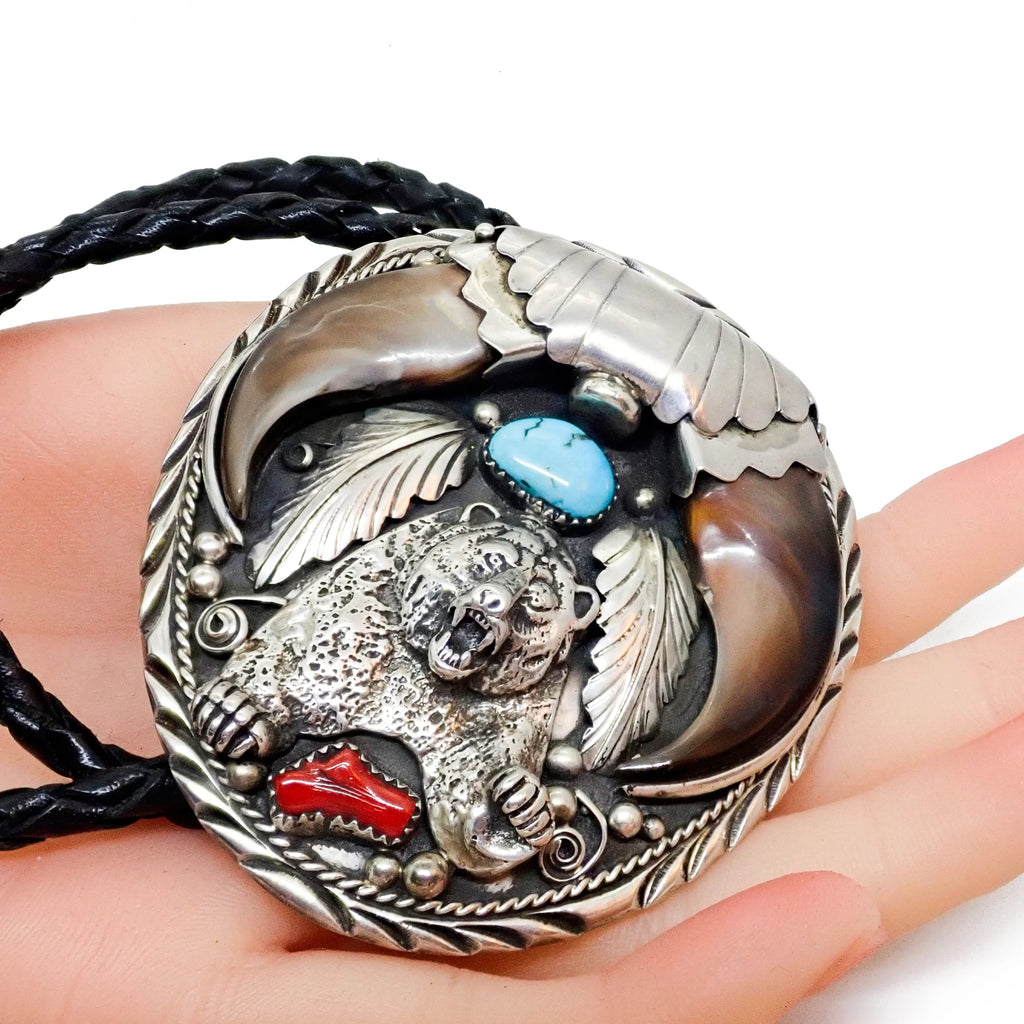 Native American Navajo Bear Claw Turquoise & Coral Sand Cast Bear Sterling Silver Bolo Tie by SAM