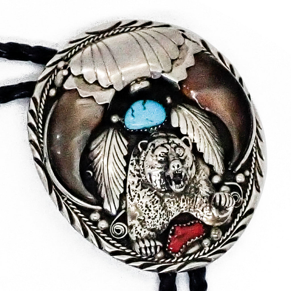 Native American Navajo Bear Claw Turquoise & Coral Sand Cast Bear Sterling Silver Bolo Tie by SAM