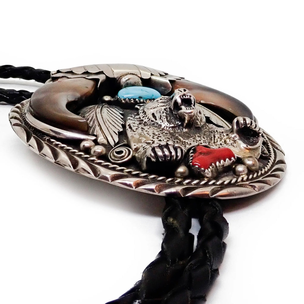 Native American Navajo Bear Claw Turquoise & Coral Sand Cast Bear Sterling Silver Bolo Tie by SAM