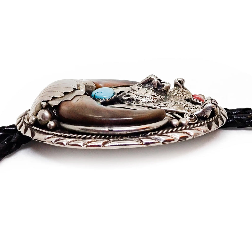 Native American Navajo Bear Claw Turquoise & Coral Sand Cast Bear Sterling Silver Bolo Tie by SAM
