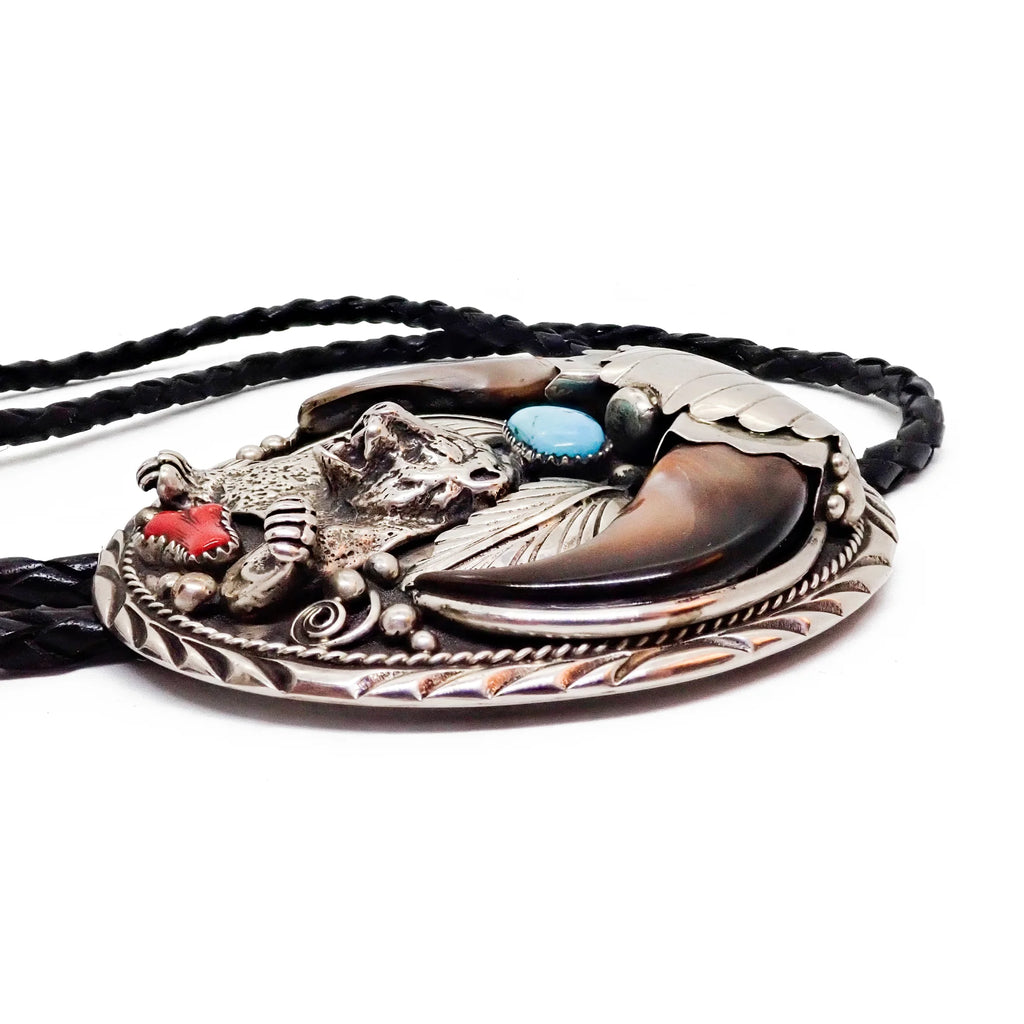 Native American Navajo Bear Claw Turquoise & Coral Sand Cast Bear Sterling Silver Bolo Tie by SAM