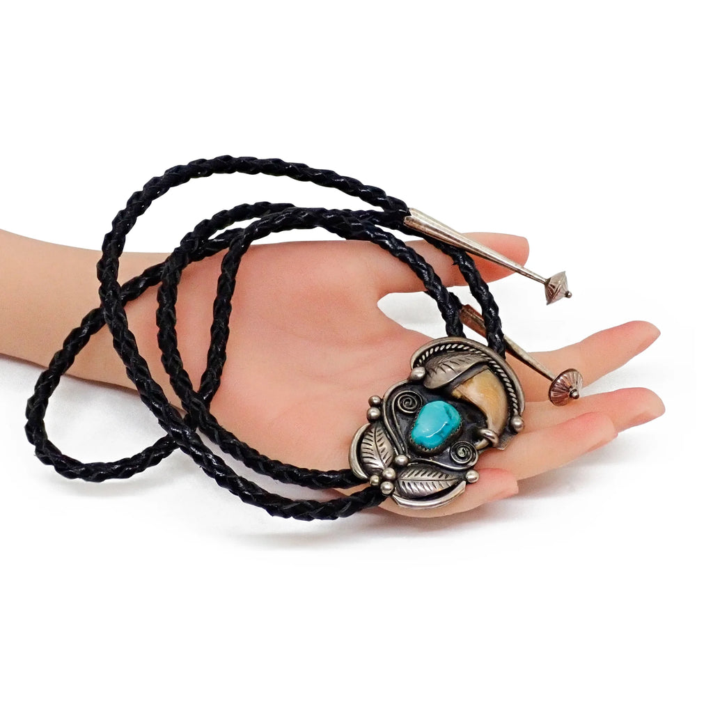 Native American Navajo Kingman Turquoise & Bear Claw Sterling Silver Bolo Tie