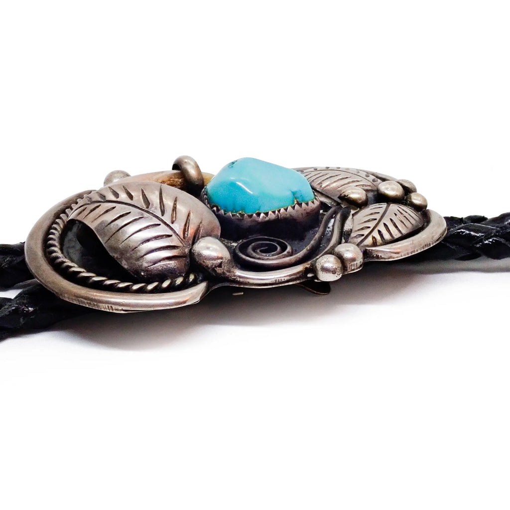 Native American Navajo Kingman Turquoise & Bear Claw Sterling Silver Bolo Tie