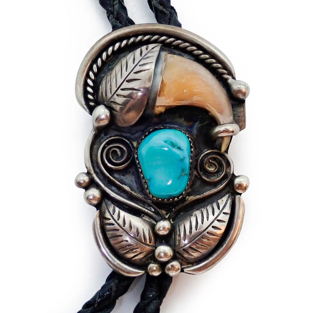 Native American Navajo Kingman Turquoise & Bear Claw Sterling Silver Bolo Tie