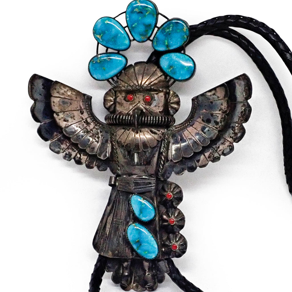 Vintage Southwestern Blue Gem Turquoise & Coral Eagle Dancer Sterling Silver Bolo Tie