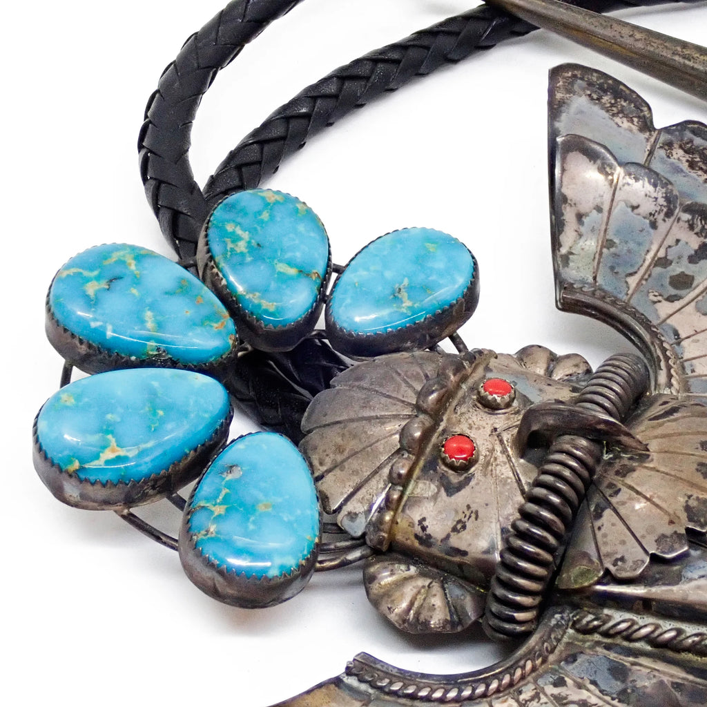 Vintage Southwestern Blue Gem Turquoise & Coral Eagle Dancer Sterling Silver Bolo Tie