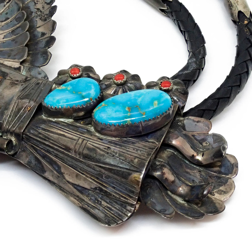 Vintage Southwestern Blue Gem Turquoise & Coral Eagle Dancer Sterling Silver Bolo Tie