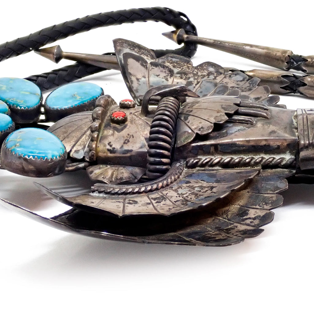 Vintage Southwestern Blue Gem Turquoise & Coral Eagle Dancer Sterling Silver Bolo Tie