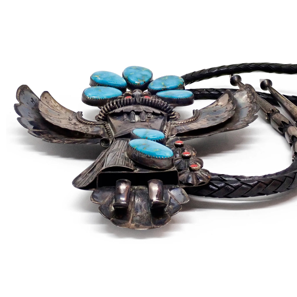Vintage Southwestern Blue Gem Turquoise & Coral Eagle Dancer Sterling Silver Bolo Tie