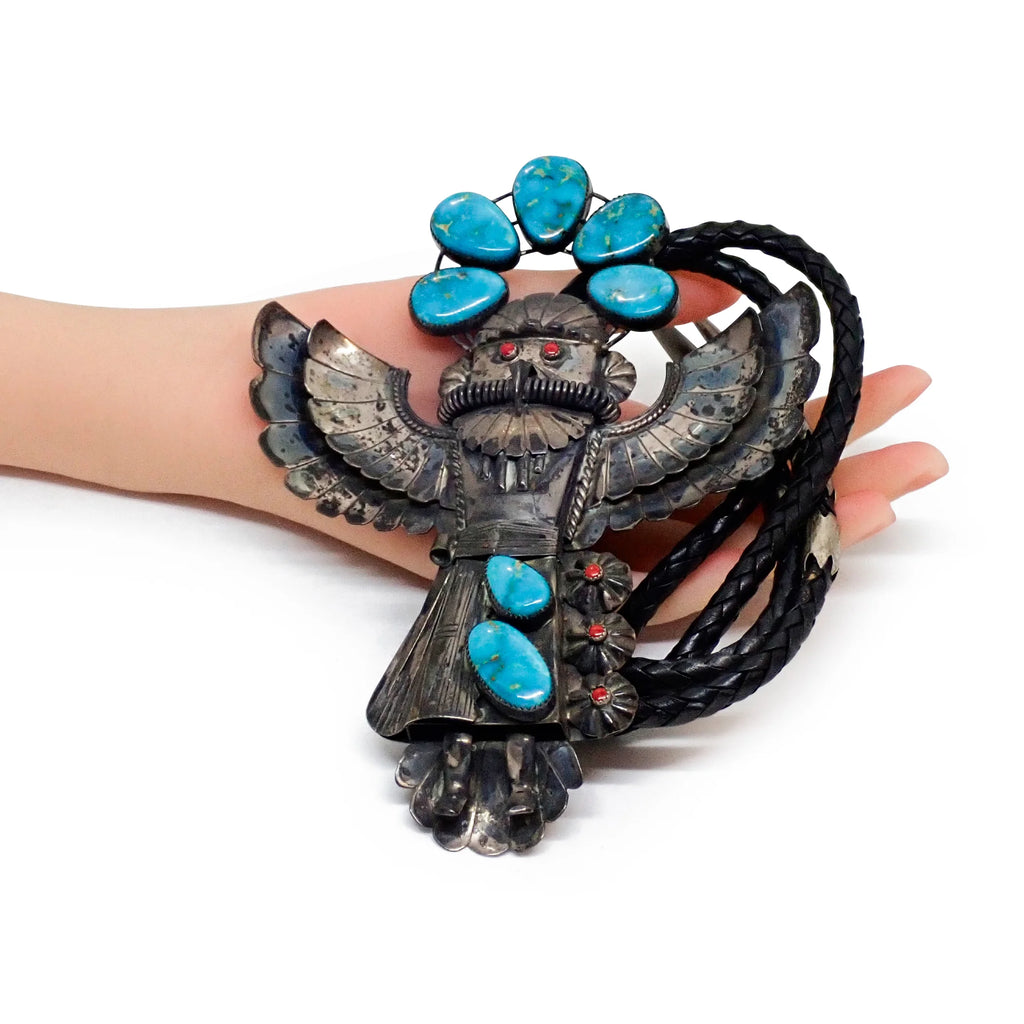 Vintage Southwestern Blue Gem Turquoise & Coral Eagle Dancer Sterling Silver Bolo Tie