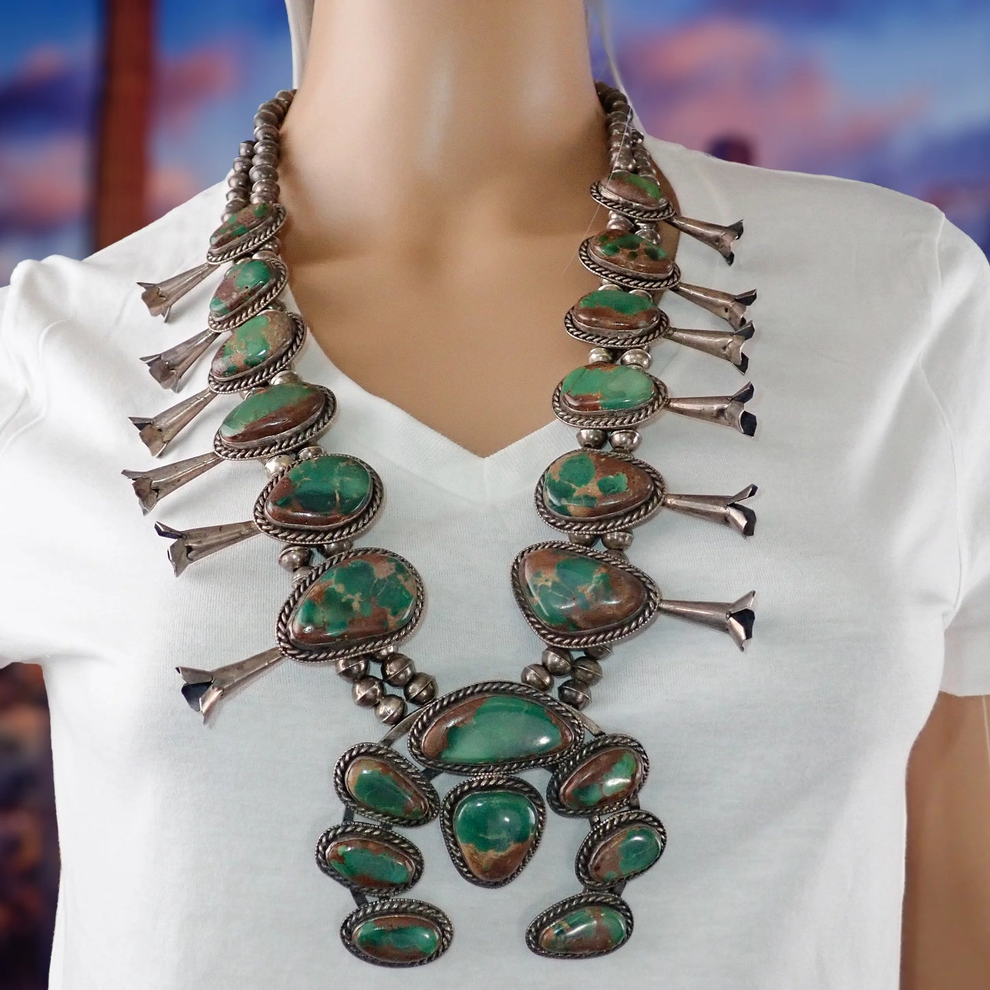 HARRISON 1970's Nevada Turquoise Squash Blossom Sterling Silver Necklace & Bracelet Set