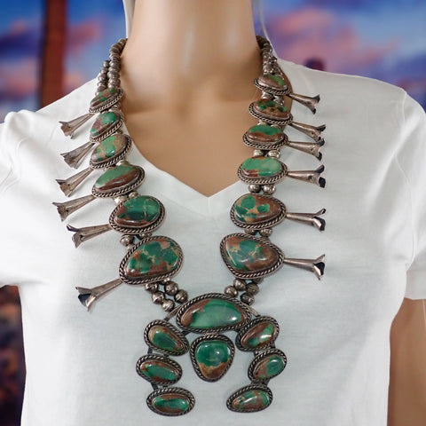 HARRISON 1970's Nevada Turquoise Squash Blossom Sterling Silver Necklace & Bracelet Set