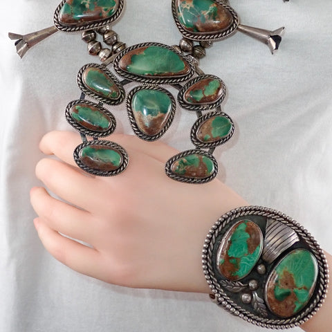 HARRISON 1970's Nevada Turquoise Squash Blossom Sterling Silver Necklace & Bracelet Set